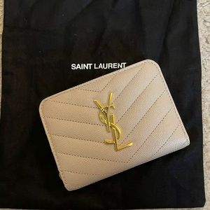 Monogramme Compact Quilted Zip Around Wallet YSL Dark Beige.